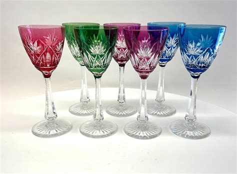 Val Saint Lambert, 7 VSL gekleurde geslepen kristallen glazen - Wine ...