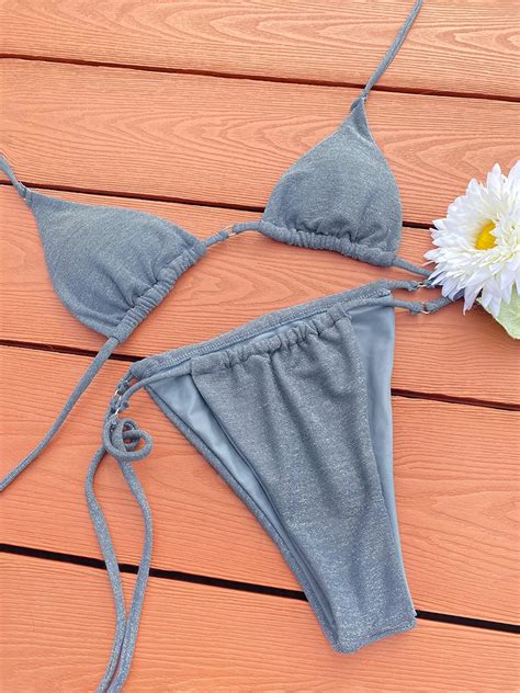 Triangle Swimwear Shiny Bikinis Halter Swimsuit Women Solid Color Bikini Set Micro Thong Two