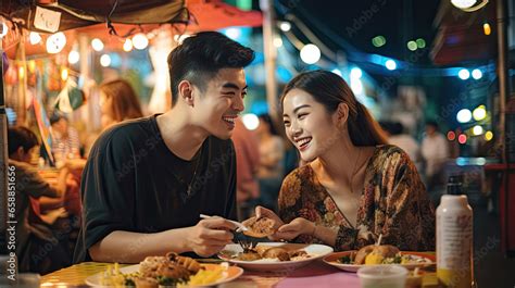 Young Asian couple traveler tourists eating Thai street food together ...