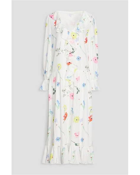 Olivia Rubin Synthetic Ruffle Trimmed Floral Print Crepe De Chine Midi