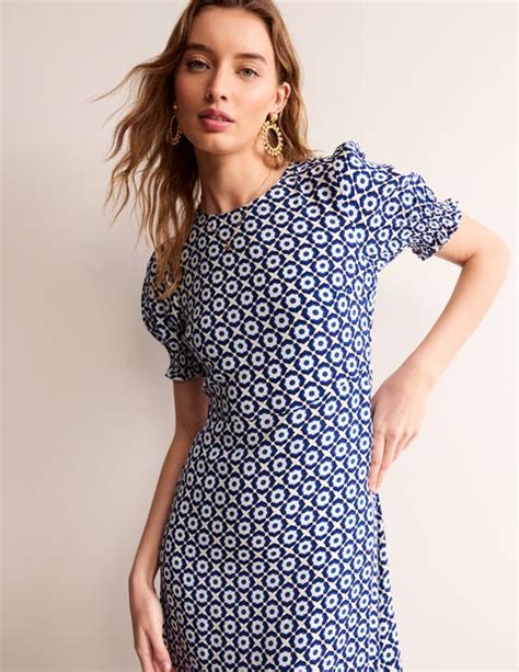 Corinne Midi Tea Dress French Navy Geo Pome Boden UK