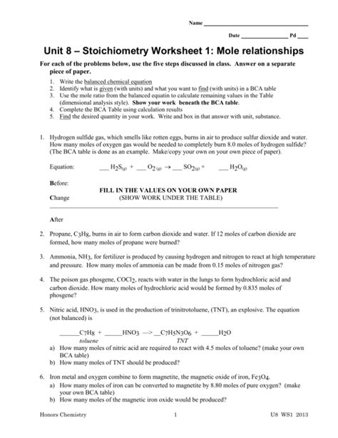 Unit 7 Stoichiometry Mole Conversion Worksheets