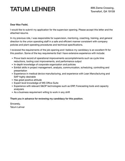 Supervisor Cover Letter Velvet Jobs