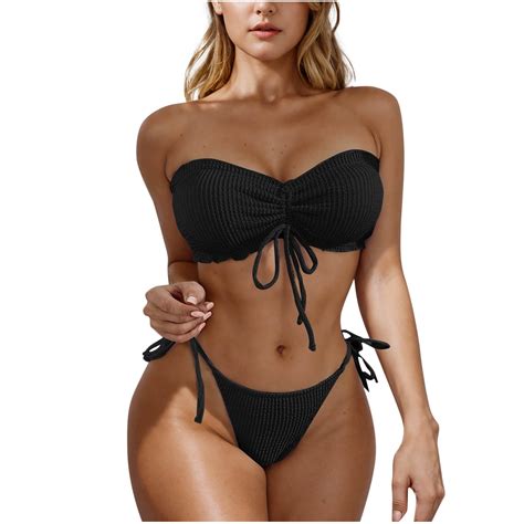 Arnsht Women S Solid Color Bikini Sets Textured Swimsuit Piece Bikini Sets Tie Side High Cut
