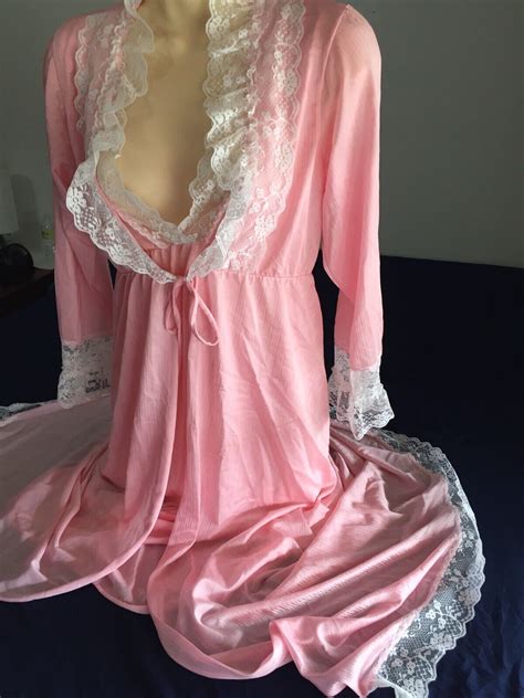 Vintage Bernette Pink Lace Peignoir Robe Nightgown Nylon Lingerie Set S EBay