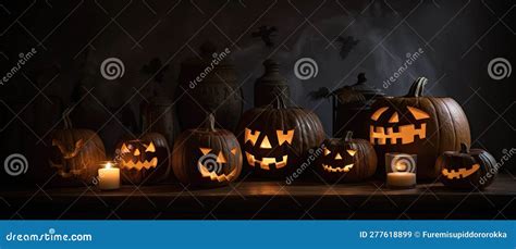 Group Of Carved Jack O Lanterns With Candles Flickering Inside Casting Spooky Shadows