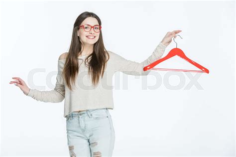 Woman Holding Hanger Stock Image Colourbox