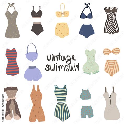 Big Vector Set Of Vintage Lingerie And Swimsuits Hand Drawn Colored Retro Summer Collection