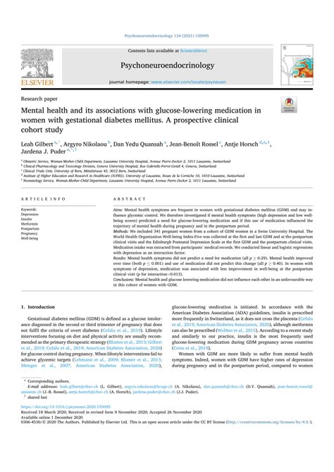 Pdf Mental Health And Its Associations With Glucose Lowering Medication In Women With