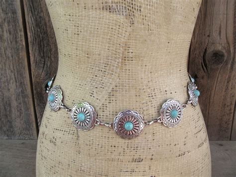 S Silver Chain And Faux Turquoise Concho Belt Western Southwestern