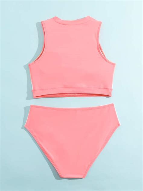 Shein Chicas Adolescentes Ba Ador Bikini De Color Combinado Con Cremallera Delantera Moda De