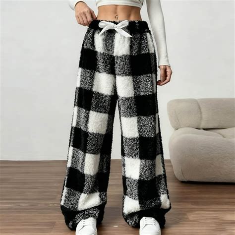 clodeeu womens plaid fluffy pajama pants fuzzy fleece cozy lounge