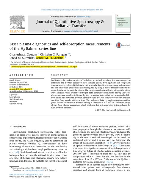 Pdf Laser Plasma Diagnostics And Self Absorption Measurements Of The Hβ Balmer Series Line