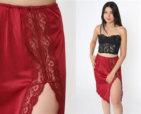 Half Slip Skirt 70s Lingerie Skirt Red Lace Slip Midi Front Slit Pinup Romantic High Waisted