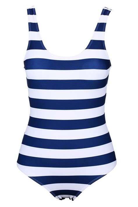 A001 Blue And White Vintage Striped Swimwear For Women Swimsuit