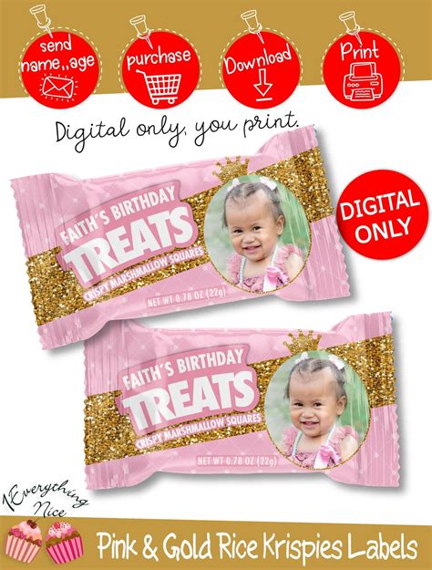 Digital Download Princess Pink And Gold Theme Rice Krispies Treats Labels Digital Printable Etsy