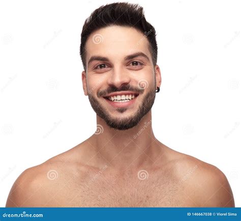 Excited Naked Guy Showing His Teeth With Big Smile Stock Photo Image Of Earring Closeup
