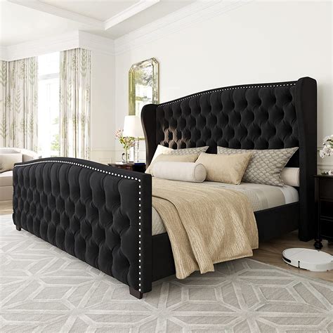 Amerlife King Size Platform Bed Frame Velvet Upholstered