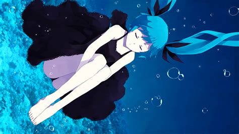 Barefoot Blue Hair Bubbles Deep Sea Girl Vocaloid Dress Hatsune Miku Underwater Vocaloid Water