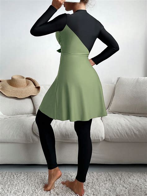 SHEIN Swim Mulvari Color Block Knot Front Full Body Bikini Swimsuit SHEIN USA