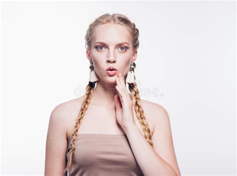 Woman With Pigtails Beauty Healthy Skin Isolated On White Blonde Stock Photo Image Of Camera