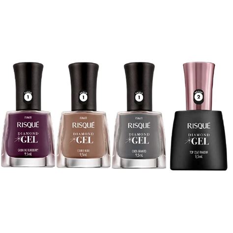 Kit Esmalte Risque Dimond Gel Calda De Blueberry Cinza Granito Couro Nude E O Finalizador Top