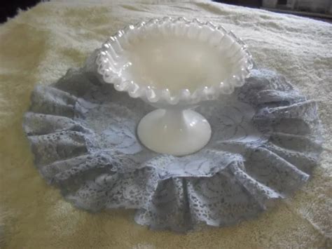 Vintage Fenton Silvercrest Ruffled Edge White Milk Glass Compote