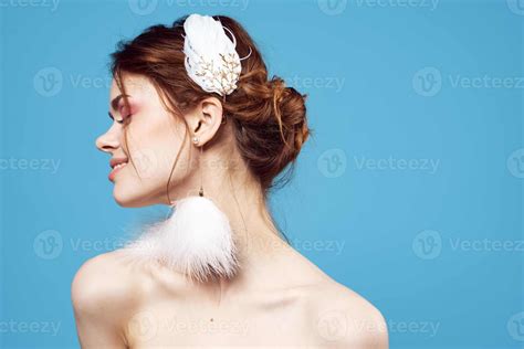 Woman Fluffy Mesh Bright Makeup Naked Shoulders Blue Background Stock Photo At Vecteezy
