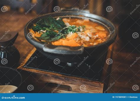 Japanese Sukiyaki Set Cooking In Hot Pot At Japan Restrance Stock Image Image Of Meat Luxury