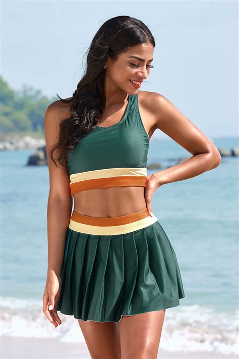 Teal Colorblock Scoop Neck Racerback Bikini Top And High Waist Pleated