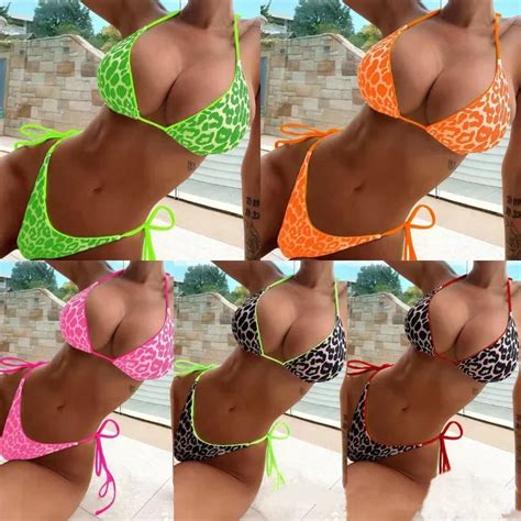New Bikini Sexy Printed Two Piece Swimsuit Women Tie Rope Hanging Neck Three Point Swimsuit