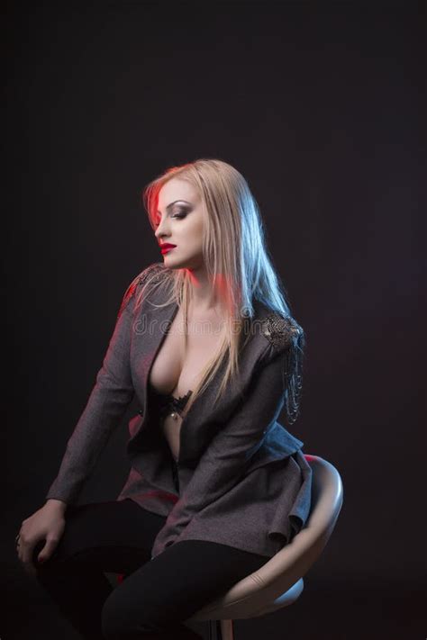 Gorgeous Blonde Model In A Black Lingerie And Jacket Stock Photo Image Of Black Model