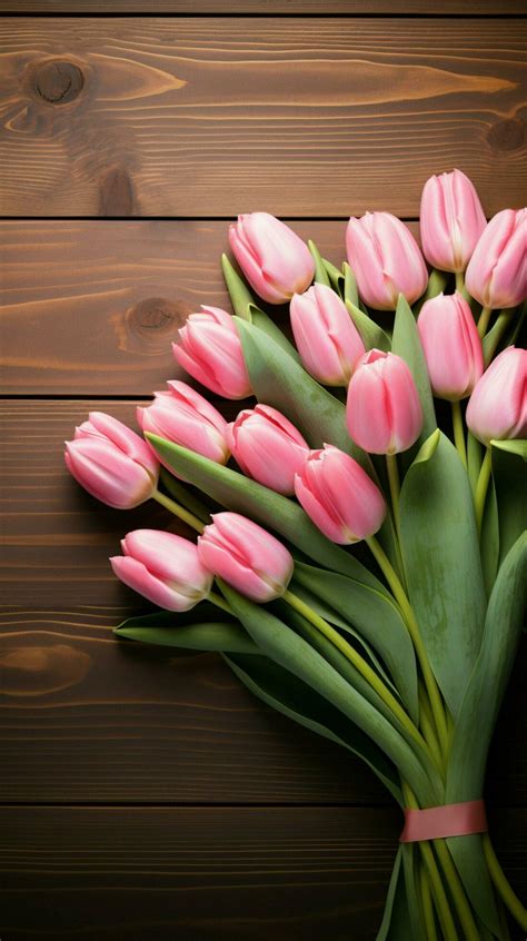 Top view Bouquet of pink tulips and blank paper on wood Vertical Mobile ...