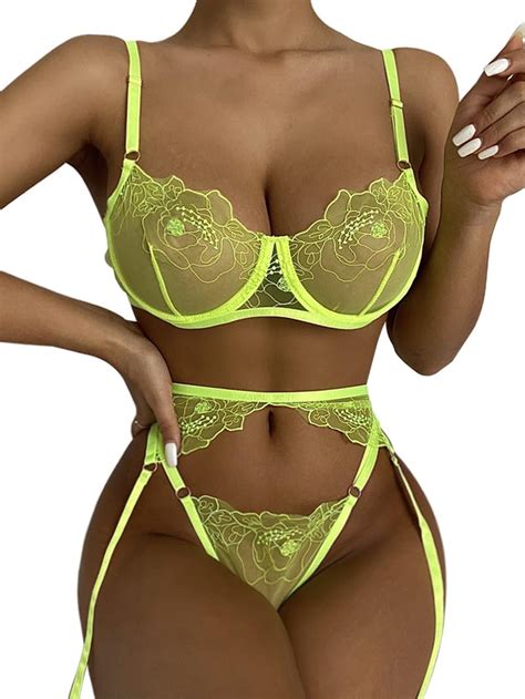 Lilosy Sexy Floral Embroidery Mesh Sheer Underwire Push Up Garter Belt Lingerie Set 3 Piece