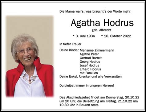 Traueranzeigen Von Agatha Hodrus Schwaebische De Trauerportal