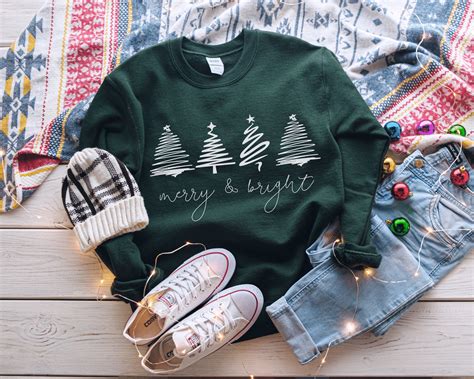 Merry Bright Christmas Trees Sweatshirt Christmas Sweatshirt