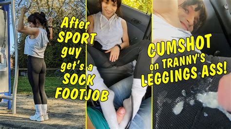 After Sport Guy Get S A Sock Footjob From Tranny Girl Cumshot On Her Leggings Ass