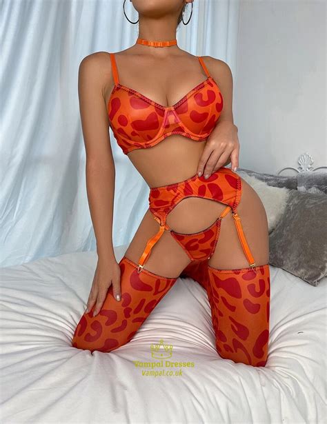 Orange Ellolace Leopard Fine Lingerie With Stocking Sexy Porn Underwear