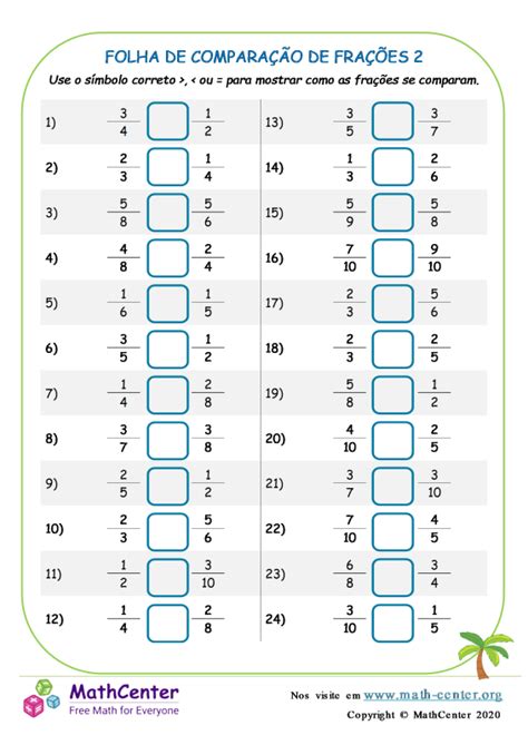 Quinto Ano Planilhas Comparação De Frações Math Center