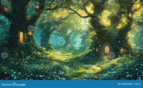 enchanted woods  magical illustration   fantasy forest stock