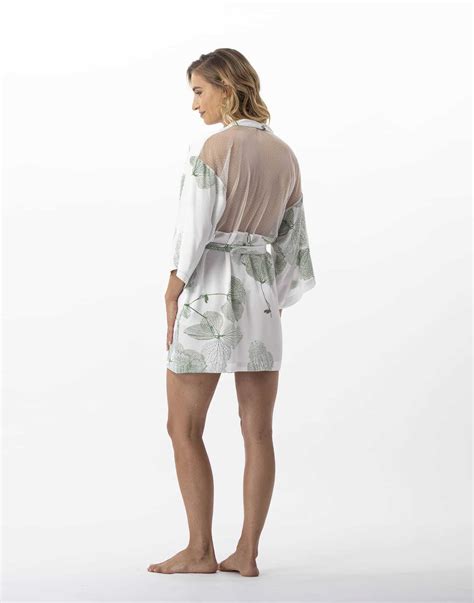 Kimono With Plant Pattern In Viscose Ginkgo Khaki Lingerie Le Chat
