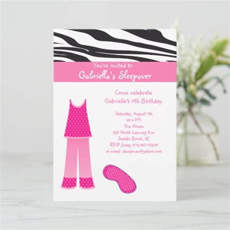 Pink Pjs Zebra Sleepover Birthday Invitation Zazzle