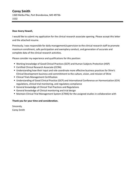 Clinical Research Associate Cover Letter Velvet Jobs