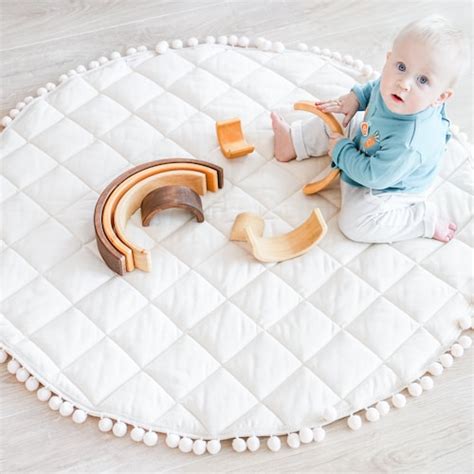 Natural Baby Play Mat With Pompom Trim Padded Baby Play Mat Etsy