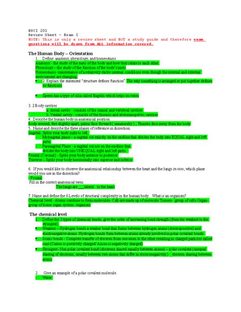 BSCI 201 review sheet 1 - BSCI 201 Review Sheet - Exam I NOTE: This is ...