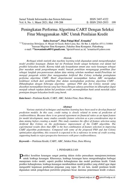 PDF Peningkatan Performa Algoritma CART Dengan Seleksi Fitur