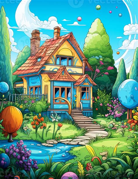 cartoon house in the garden with flowers and trees. generative ai ...