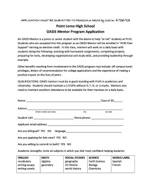 Fillable Online Oasis Application Pdf Point Loma High School Fax