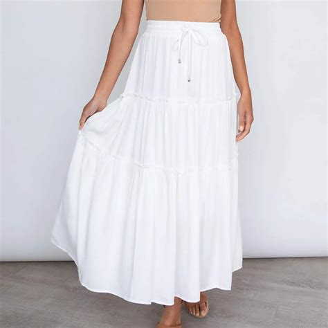 Womens Boho Ruffle Long Skirt Elastic High Waist Pleated Tiered Flowy