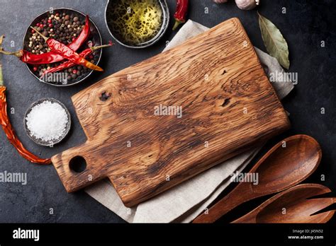 Cooking Ingredients And Utensils On Stone Table Top View Stock Photo